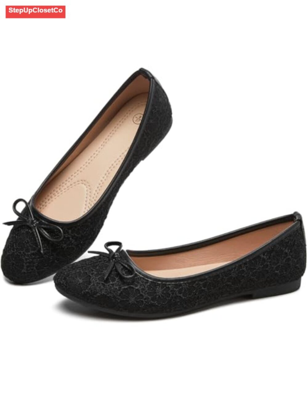 Womens Black Ballet Flats Shoes Point Toe Slip On Bow Flats Comfort Dressy